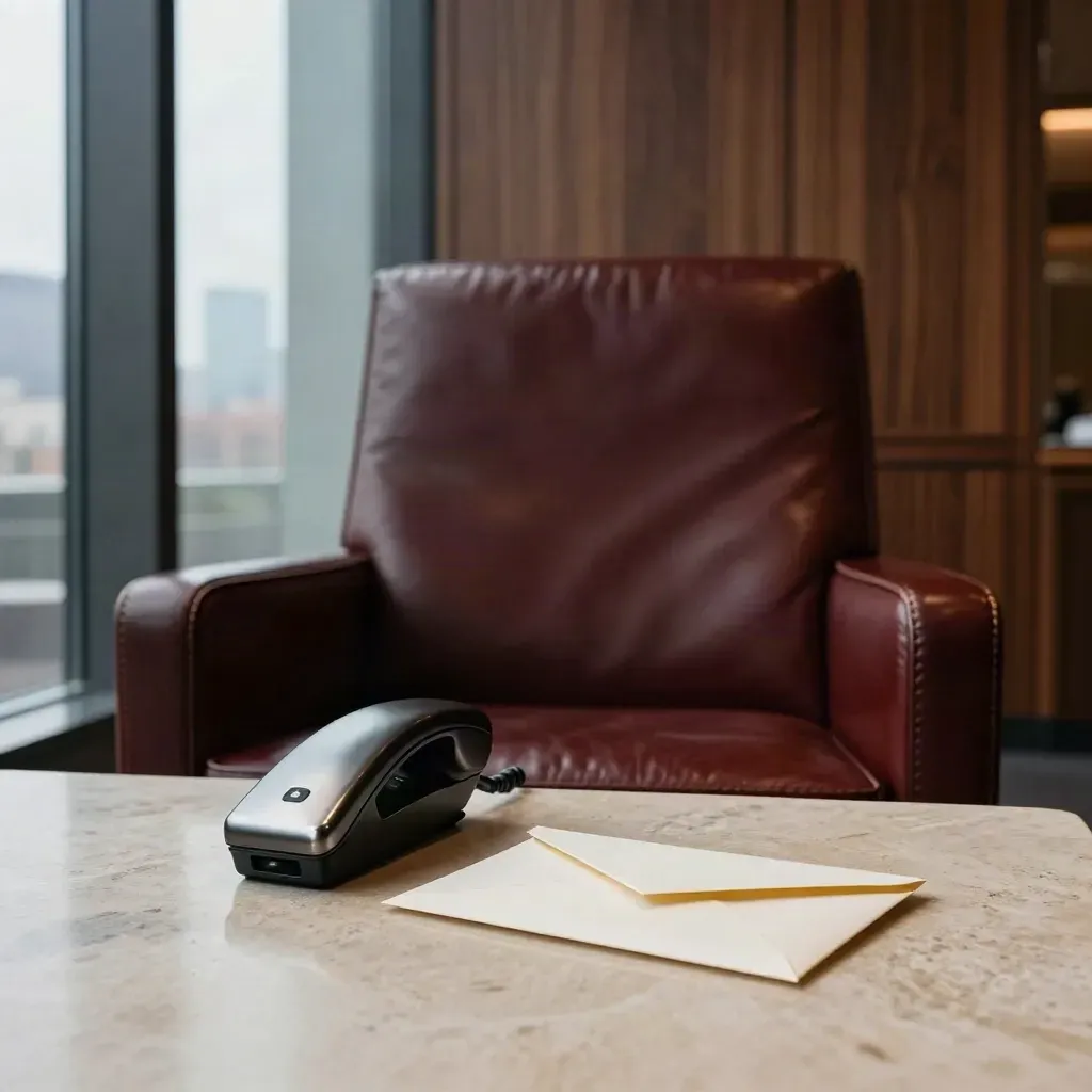 Dark executive-search lounge with leather chair, secure handset and sealed envelope on stone