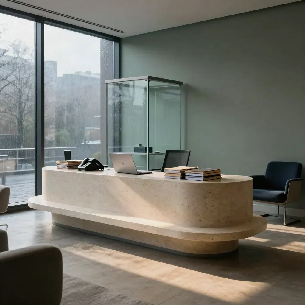 Empty modern UK recruitment agency interior at dawn with reception bench, folders and interview pod.