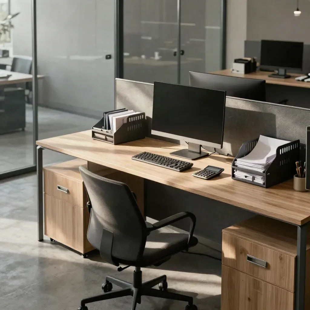 Empty finance office workstation with dark monitor, calculator, file tray and tucked-in chair.