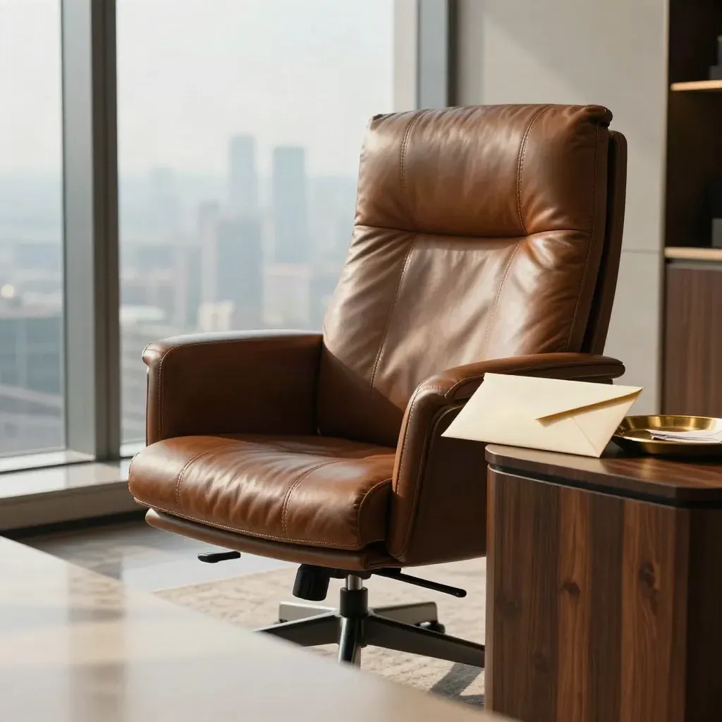 Executive office corner with leather chair, sealed envelope, walnut side table and skyline reflections.