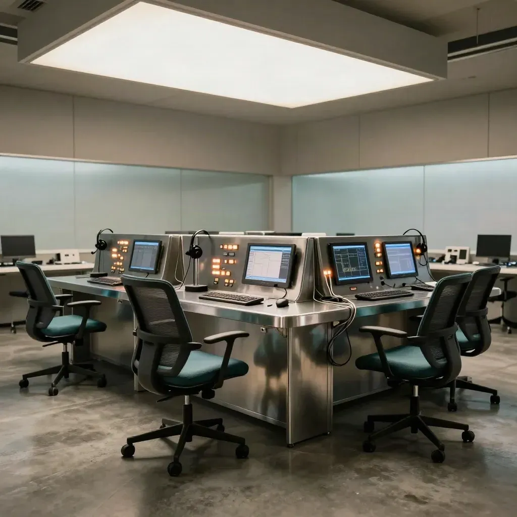 Three staffed depot workstations in a control room, headsets and chairs aligned in a clean row.