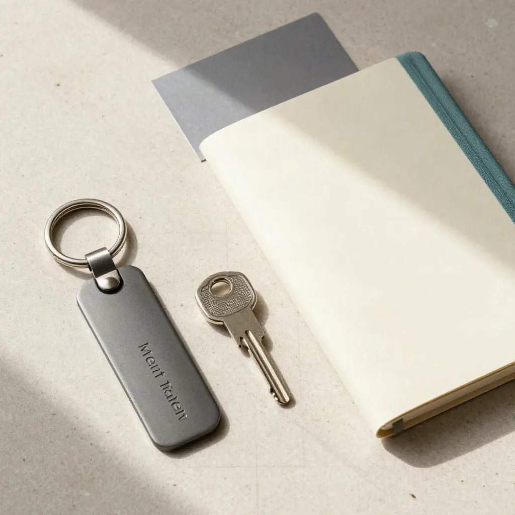 Top-down flatlay of a key fob, office key, notebook and card on pale stone.