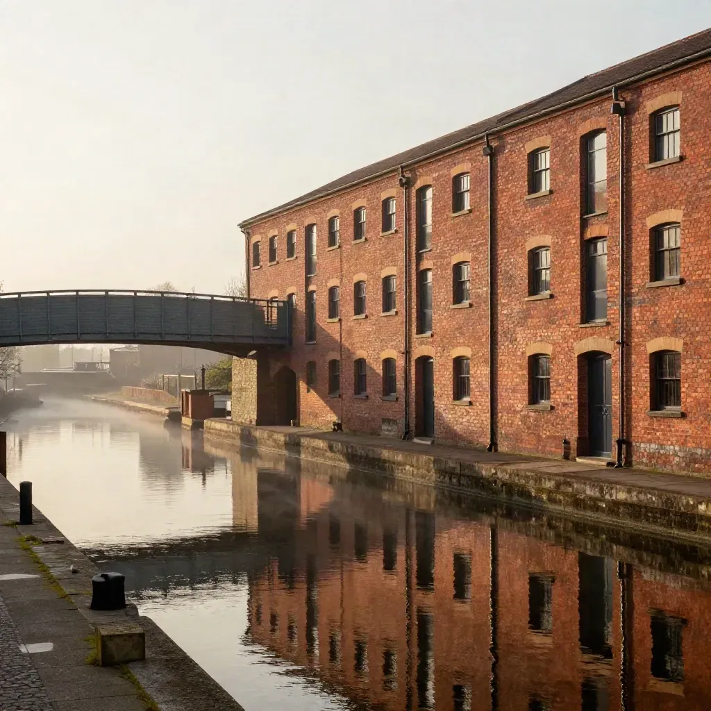 West Midlands canal basin with brick warehouses, steel bridge, misty water, and open copy space