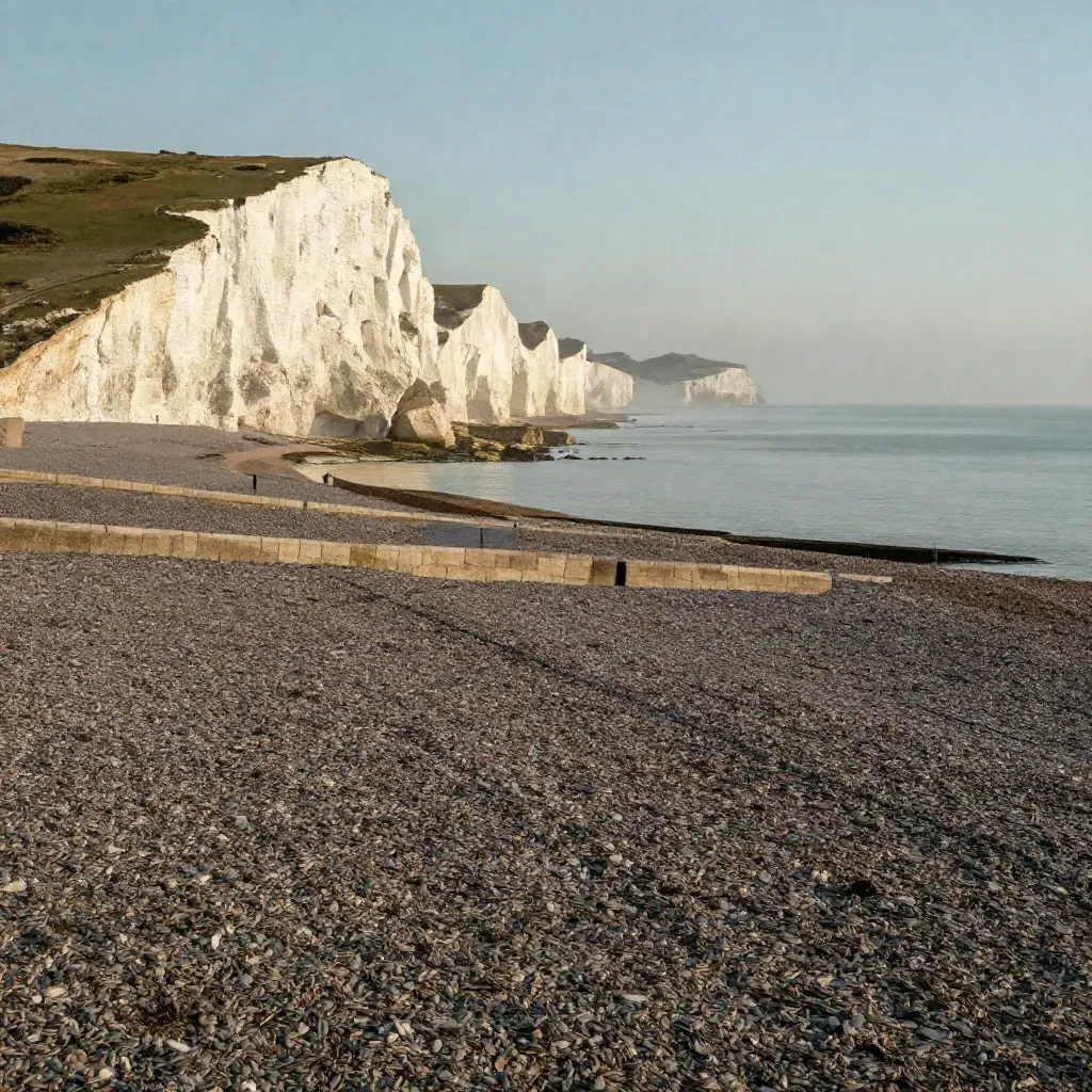 Brighton seafront and chalk cliffs in golden mist, calm sea below, copy space above